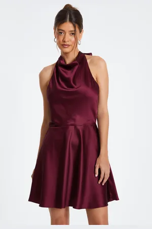 Quiz Dark Red Satin Mini Skater Dress