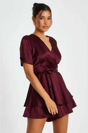 Quiz Dark Red Satin Wrap Tiered Playsuit