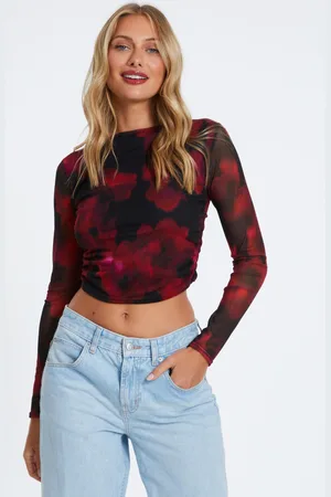 Quiz Floral Mesh Ruched Crop Top