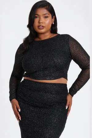 Quiz Curve Glitter Mesh Long Sleeve Top