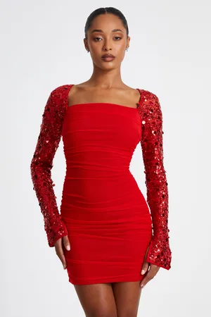 Quiz Mesh Embellished Sleeves Mini Dress