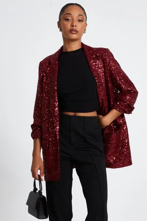 Quiz Dark Red Sequin Ruched Blazer