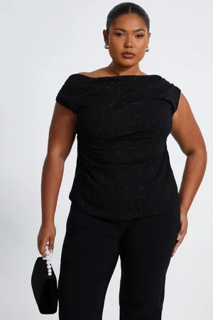 Quiz Curve Glitter Drape Neck Top