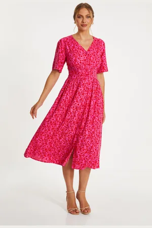 Quiz Pink Linen Floral Midi Dress