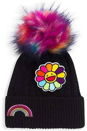 JOCELYN Girls Beanies - Girl's Knit Embellished Faux Fur Pom-Pom Beanie