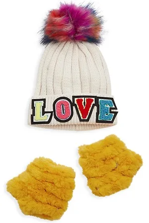 JOCELYN Girls Gloves - Girl's 2-Piece Pom-Pom Beanie & Fingerless Faux Fur Mittens Set