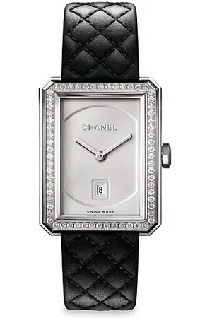 CHANEL BOY-FRIEND Stainless Steel, Diamond & Quilted Leather Strap Medium Watch