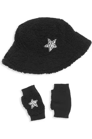 JOCELYN Girl's Faux Sherpa Star Bucket Hat & Fingerless Gloves Set