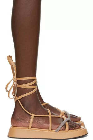 Brunello Cucinelli Women Sandals - Tan Suede Ankle Tie Sandals