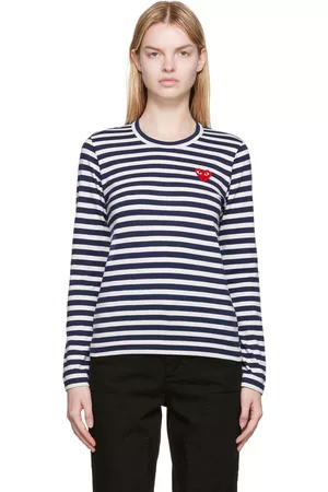Comme des Garçons White & Navy Heart Patch Long Sleeve T-Shirt