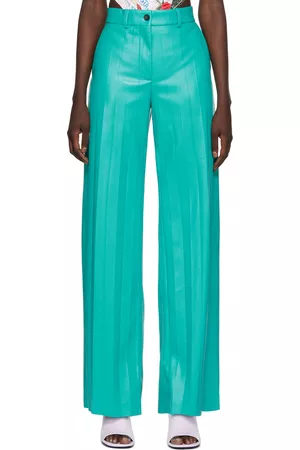 Msgm Women Leather Pants - Blue Pleated Faux-Leather Pants