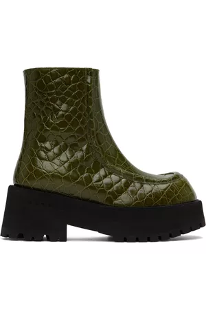Marni Women Ankle Boots - Green Croc-Embossed Platform Ankle Boots