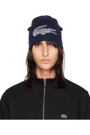 Lacoste Men Beanies - Reversible Gray & Navy Contrast Crocodile Beanie