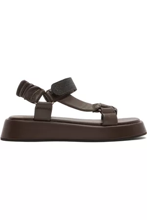 Brunello Cucinelli Brown Leather Crystal Velcro Sandals