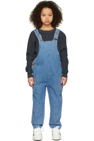 Repose AMS Girls Dungarees - Kids Blue Embroidered Denim Overalls