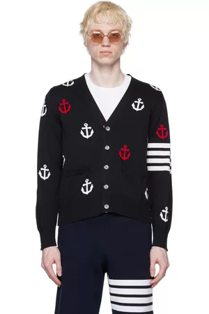 Thom Browne Men Cardigans - Navy Anchor 4-Bar Cardigan