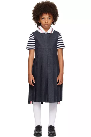 Thom Browne Girls Pleated Dresses - Kids Navy Pleated Denim Dress