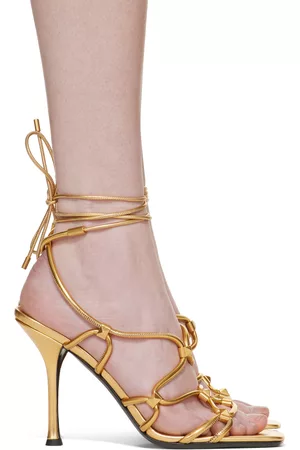 VALENTINO GARAVANI Women Sandals - Gold Rockstud Net Heeled Sandals