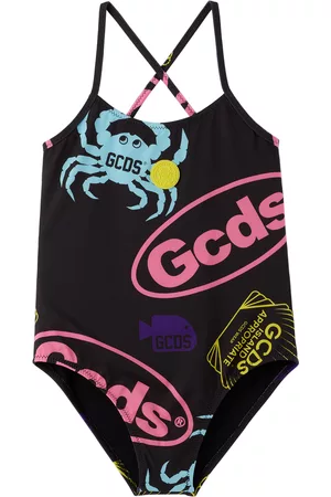 GCDS Girls Swimming Costumes - Kids Black Shell One-Piece Swimsuit