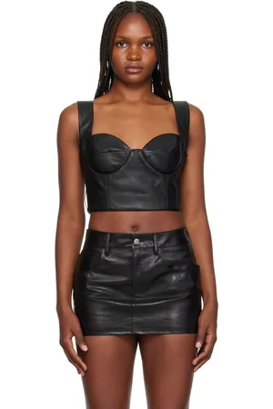 Women's Black Faux Leather Bustier Padded Crop Top