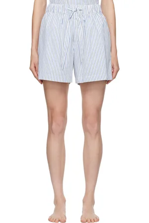 Tekla White & Blue Drawstring Pyjama Shorts
