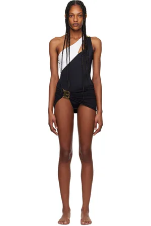 Balmain White & Black Asymmetric One-Piece Swimsuit