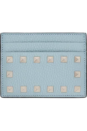 VALENTINO GARAVANI Blue Rockstud Grainy Calfskin Card Holder