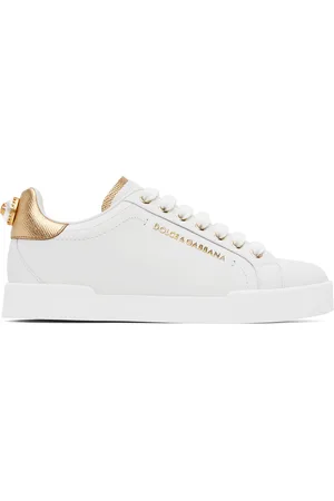 Dolce & Gabbana White & Gold Calfskin Nappa Portofino Sneakers