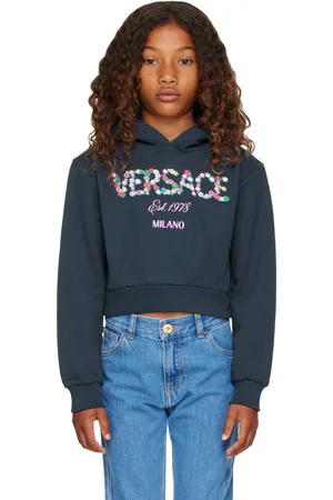 VERSACE Kids Navy Printed Falling Flowers Logo Hoodie