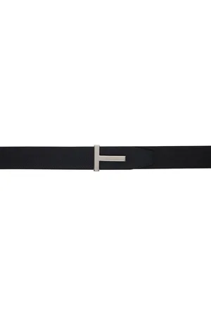Tom Ford Navy & Black Grain Leather T Icon Reversible Belt