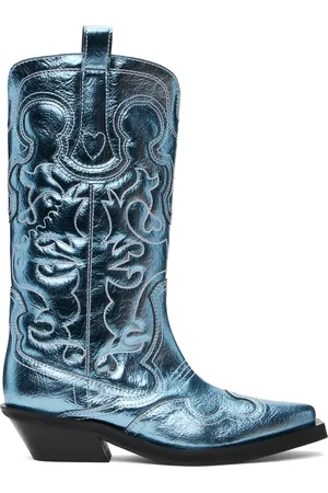 Ganni Blue Metallic Mid Shaft Embroidered Western Boots
