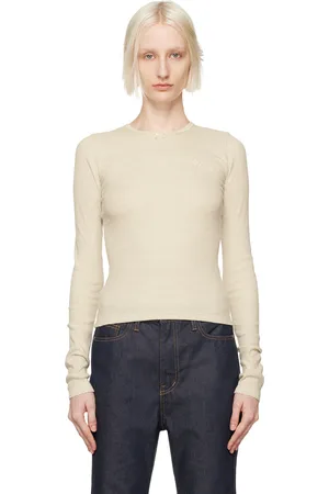OPEN YY Beige Picot Trim Fitted Long Sleeve T-shirt