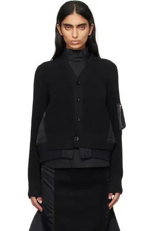 SACAI Black Nylon Twill x Knit Cardigan