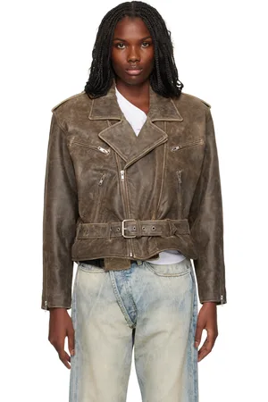 R13 Brown Exaggerated Shoulder Motorcycle Leather Jacket