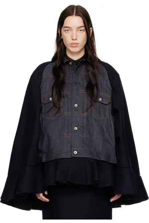 SACAI Navy Wool Melton & Denim Cape Jacket