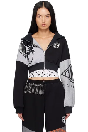 Marine Serre Black & Gray Upcycled Graphic Cropped Zipped Hoodie