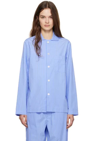 Tekla Blue Poplin Long-Sleeved Pyjama Shirt