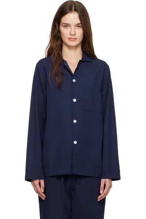 Tekla Navy Poplin Long-Sleeved Pyjama Shirt