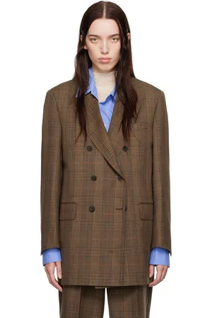Auralee Brown Bluefaced Wool Check Double-Breasted Blazer