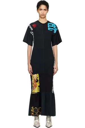 Marine Serre Black Upcycled Shirred Fitted Maxi Dress