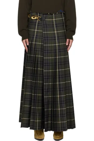 Burberry Green Check Wool Blend Maxi Skirt