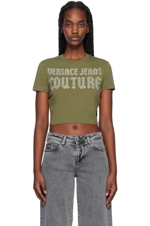 VERSACE Khaki Crystal Gothic Logo Crop T-shirt