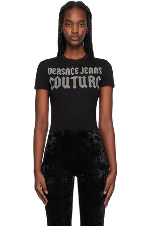 VERSACE Black Crystal Gothic Logo Crop T-shirt