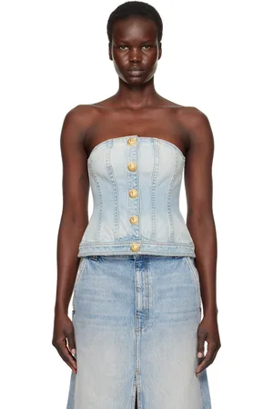 Balmain Blue Buttoned Denim Corset Top