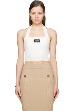 Balmain White Ribbed Knit Halter Tank Top