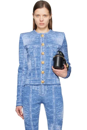 Balmain Blue Jacquard Denim Effect Knit Cardigan