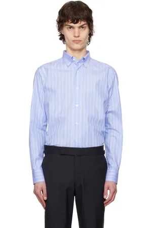 BRIONI Blue & White Cotton Textured Stripe Shirt