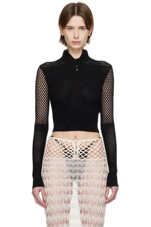Isa Boulder Black Cropped Lace-Up Crocheted Polo