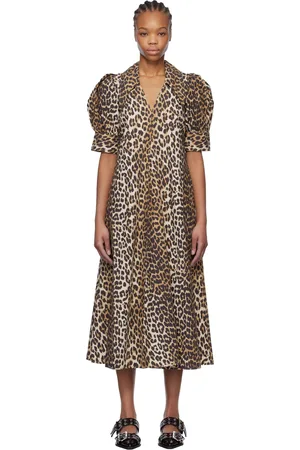 Ganni Brown Leopard Cotton Poplin V-Neck Maxi Dress