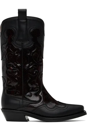 Ganni Burgundy & Black Mid Shaft Embroidered Western Boots